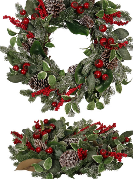 24-Inch Christmas Wreath for Front Door - Artificial Holiday Wreath with Frosted Pinecones, Red Berries, Holly Leaves, and Greenery - For Indoor & Outdoor Winter Decorations, Xmas Wall Décor