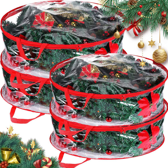Zhengmy 4 Pack 30" 24" Wreath Storage Container Clear Christmas Wreath Storage Bags with Handle and Dual Zipper Plastic Decorative Wreath Protector for Xmas Seasonal Holiday Wreath Garland(Red)