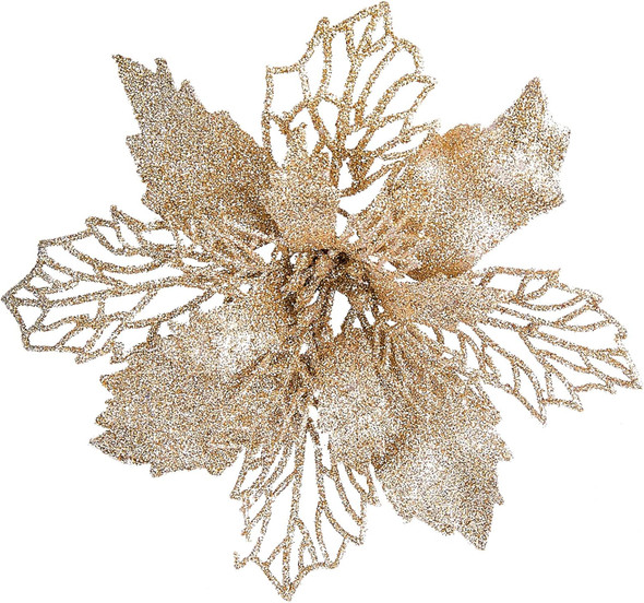 Zhenrui 12 pcs 6” Christmas Poinsettia Flower, Glitter Poinsettia Tree Ornaments, Champagne Artificial Flower Decorating Wreath Garland, Great for Wedding Holiday and Home Decor, with Stems Zhenrui 12 pcs 6” Christmas Poinsettia Flower, Glitter Poinsettia Tree Ornaments, Champagne Artificial Flower Decorating Wreath Garland, Great for Wedding Holiday and Home Decor, with Stems