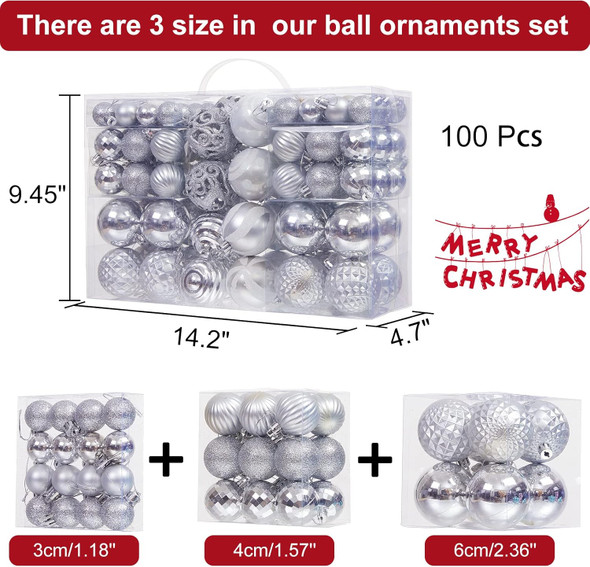 100PCS Christmas Ball Ornaments, Assorted Shatterproof Christmas Tree Decorations, Seasonal Decorative Hanging Baubles Decor Set for Xmas/Holiday/Party, Glitter&Painting Ornament Set (Silver) 100PCS Christmas Ball Ornaments, Assorted Shatterproof Christmas Tree Decorations, Seasonal Decorative Hanging Baubles Decor Set for Xmas/Holiday/Party, Glitter&Painting Ornament Set (Silver)