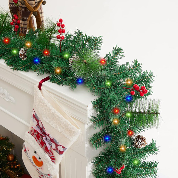 9 ft Pre-lit Lighted Christmas Garland Decoration with Timer, Battery Operated Waterproof Artificial Xmas Garlands with 50 Coloured Lights, Green Pine Branches, for Indoor/Outdoor/Fireplace Decor 9 ft Pre-lit Lighted Christmas Garland Decoration with Timer, Battery Operated Waterproof Artificial Xmas Garlands with 50 Coloured Lights, Green Pine Branches, for Indoor/Outdoor/Fireplace Decor