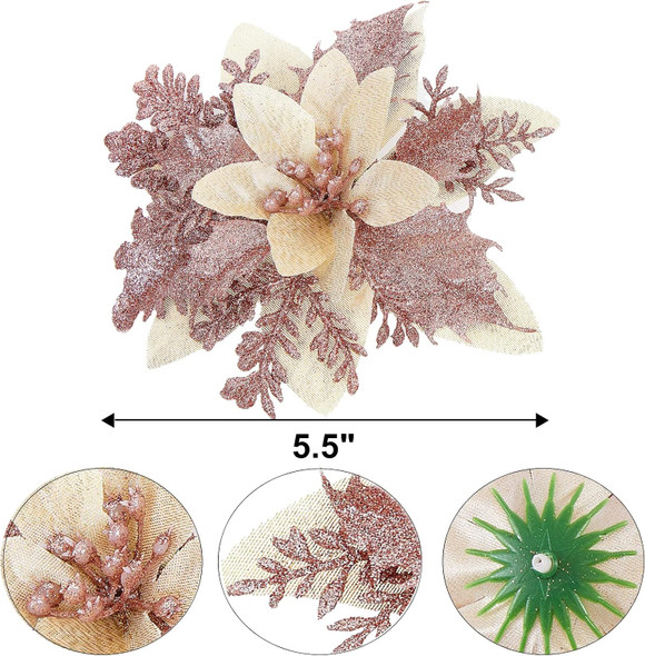 15 Pcs Glitter Poinsettia Artificial Christmas Flowers, Rosegold Decorations for Tree, Wreath, Garland - With Clips and Stems, 5.5 Inch 15 Pcs Glitter Poinsettia Artificial Christmas Flowers, Rosegold Decorations for Tree, Wreath, Garland - With Clips and Stems, 5.5 Inch