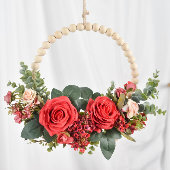 Christmas Wood Bead Red Rose Wreath Boho Farmhouse Decor Artificial Flower Eucalyptus Wreath for Front Door Windows Wall Hanging Room Decor 12" (Red) Christmas Wood Bead Red Rose Wreath Boho Farmhouse Decor Artificial Flower Eucalyptus Wreath for Front Door Windows Wall Hanging Room Decor 12" (Red)