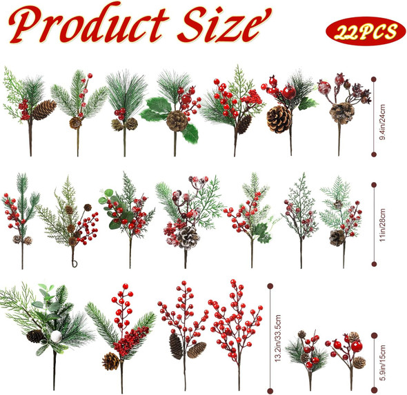 22 Pcs Large Artificial Christmas Tree Picks, Assorted 20 Kinds Red Berry Picks Stem Faux Pine Branches Flower Pick with Pinecones Apples Holly Leaves for Winter Holiday Season Home Decor 22 Pcs Large Artificial Christmas Tree Picks, Assorted 20 Kinds Red Berry Picks Stem Faux Pine Branches Flower Pick with Pinecones Apples Holly Leaves for Winter Holiday Season Home Decor