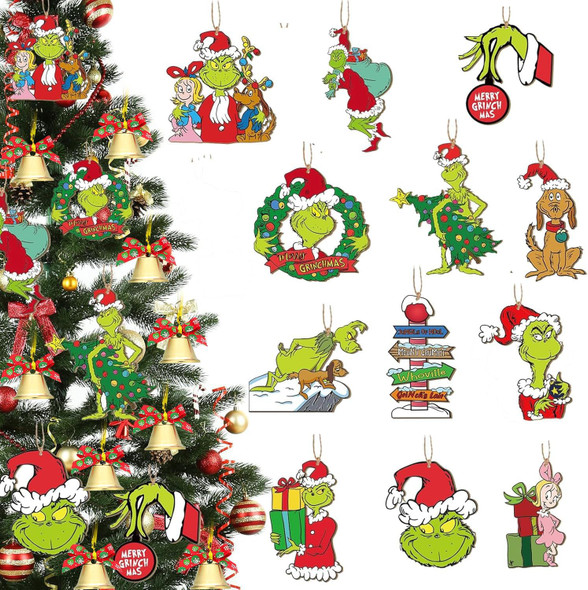 Christmas Tree Decorations Grinchs for Kids - 12 Sets Christmas Wooden Hanging Ornaments with Bells & Bows for Indoor Home Party Decor Christmas Tree Decorations Grinchs for Kids - 12 Sets Christmas Wooden Hanging Ornaments with Bells & Bows for Indoor Home Party Decor
