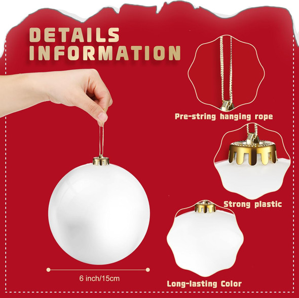 Zubebe 12 Pcs Large Christmas Ball Ornaments 6" Giant Plastic Christmas Ball Outdoor Hanging Decorations UV and Water Resistant Ball for Holiday Party Decorations Christmas Tree (White) Zubebe 12 Pcs Large Christmas Ball Ornaments 6" Giant Plastic Christmas Ball Outdoor Hanging Decorations UV and Water Resistant Ball for Holiday Party Decorations Christmas Tree (White)