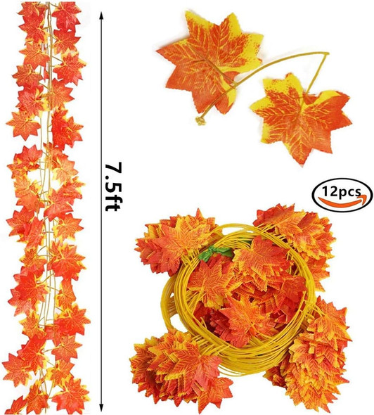 Fall Garland Maple Leaf, Hanging Vine Garland Artificial Autumn Foliage Garland Thanksgiving Decor for Home Wedding Fireplace Party Christmas (Maple/12 Strands)