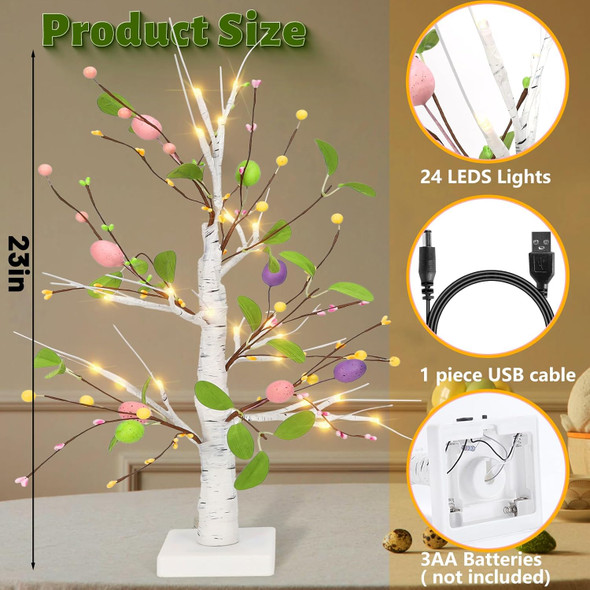 23in Easter Tree with Lights Pre-lit Easter Eggs Tree Tabletop Decor,Lighted Birch Tree Easter Tabletop Centerpieces Decorations,Artificial Easter Eggs Tree for Home Easter Spring Decoration