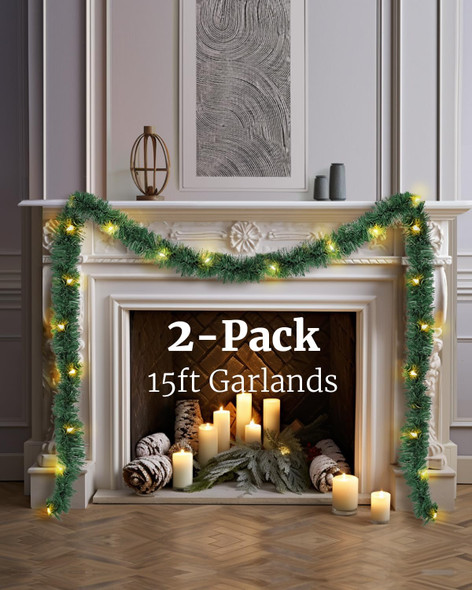 2-Pack 15FT Christmas Garland Prelit - Slim Lighted Garland with Lights, Artificial Holiday Decor for Mantle Stairs Wall Door, Indoor Outdoor 3" Thin Garlands 2-Pack 15FT Christmas Garland Prelit - Slim Lighted Garland with Lights, Artificial Holiday Decor for Mantle Stairs Wall Door, Indoor Outdoor 3" Thin Garlands