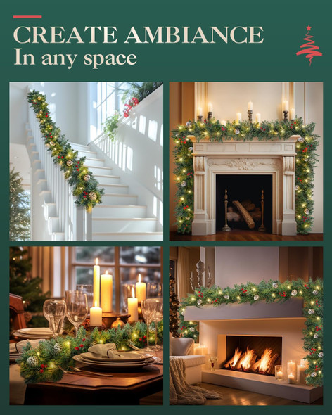 Pre-lit Christmas Garland 9FT - with Red Berries & Pine Cone Pair of Holiday Artificial Decor for Stairs Wall Door Indoor Outdoor Garland with Battery Operated Timer