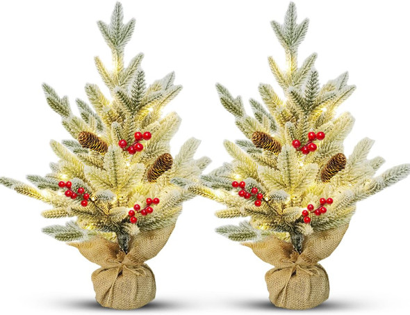 2 Pack Mini Table Christmas Trees - Battery Operated Flocked Holiday Décor for Indoor Rooms Decoration w/Red Berries, Pine Cones, 18inch 2 Pack Mini Table Christmas Trees - Battery Operated Flocked Holiday Décor for Indoor Rooms Decoration w/Red Berries, Pine Cones, 18inch