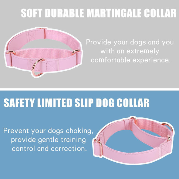 Soft Leather Martingale Dog Collar - Adjustable Rose Gold Limited Slip Collars [Easy To Clean], Stylish Durable Heavy Duty Nylon No Pull Training Collar For Small Medium Large Dogs L Pink