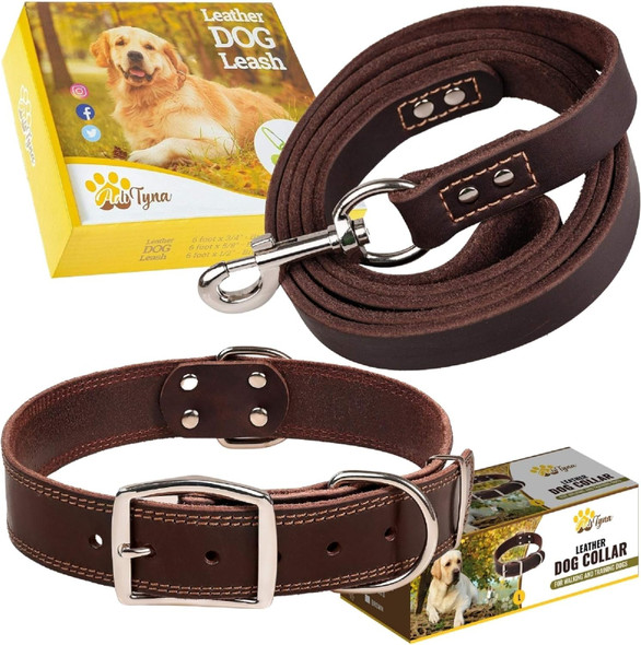 Large Leather Dog Collar And Leash Set - Leather Dog Leash 6 Ft X 3/4 And Dog Collar For Large Dogs