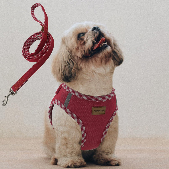 Premium Denim Dog Harness And Leash Set, Step In, Breathable Mesh, Lightweight, Reflective Vest Harness - For Small Dogs (Red, S)