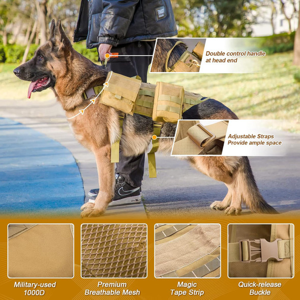 Tactical Dog Harness With Pouches,Dog Vest Harness For Large Medium Dogs With Hook & Loop Panels,Adjustable Military Dog Harness With Handle,No-Pull Service Dog Vest For Walking Hiking Training
