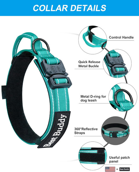 Tactical Dog Collar And Leash Set, Adjustable Military Nylon Reflective Dog Leash And Collar With Handle And Heavy Metal Buckle For Medium Large Dogs, With Airtag Holder And 2 Patches (Teal,L)