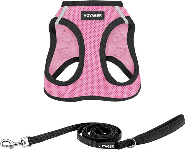 Voyager Step-In Air All Weather Mesh Harness And Reflective Dog 5 Ft Leash Combo With Neoprene Handle, For Small, Medium And Large Breed Puppies By Best Pet Supplies - Pink Base, Xxs