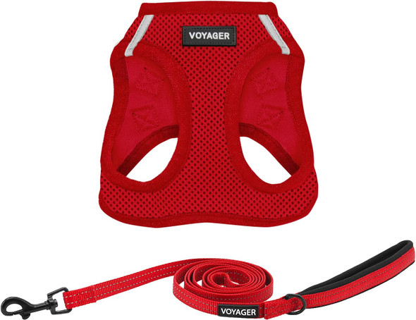 Voyager Step-In Air All Weather Mesh Harness And Reflective Dog 5 Ft Leash Combo With Neoprene Handle, For Small, Medium And Large Breed Puppies By Best Pet Supplies - Harness Leash Set (Red), S