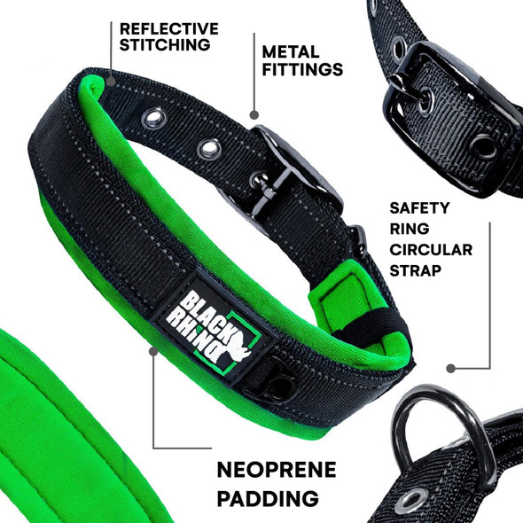Black Rhino - The Comfort Collar Ultra Soft Neoprene Padded Dog Collar For All Breeds, Dog Collars For Large Dogs - Heavy Duty Adjustable Reflective Weatherproof (Medium, Green/Bl)