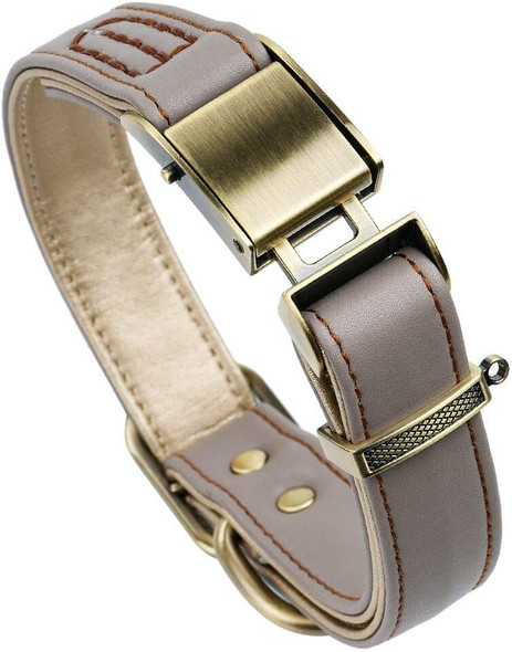 Basic Classic Luxury Padded Leather Dog Collar,The Seatbelt Buckle,For Large Medium Pets (Xl, Khaki)