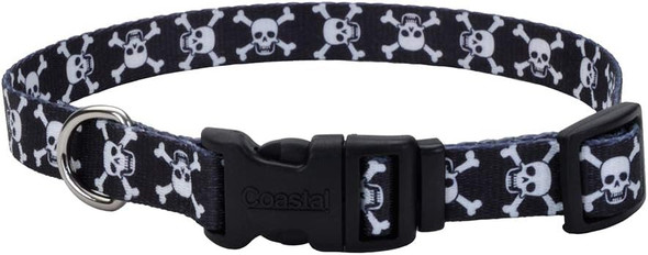 Coastal Pet Styles Adjustable Dog Collar - Stylish Patterned Fabrics - Snap-Lock Buckle - Adjustable Dog Collar - For Small, Medium Or Large Dogs - Black Skulls - 3/4 X 14-20