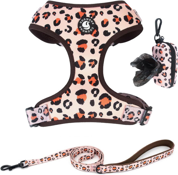 Coowone Dog Harness And Leash Set With Poop Bag Dispenser -Soft Mesh Adjustable And No Pull Dog Harness For Small Medium Large Dogs (Xs (Neck 7.87-10.25 Chest 9.85-13.5), Orangeleopard)