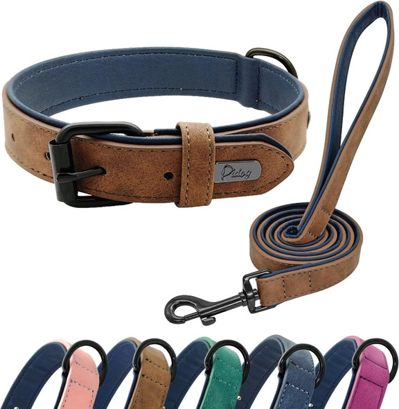 Didog Soft Padded Leather Dog Collar And Leash Set, Heavy Duty Dog Leash And Collar Set With Metal Buckle, Breathable Dog Collars With 4Ft Leather Dog Leash For Small Medium Large Dogs, Brown, Xl
