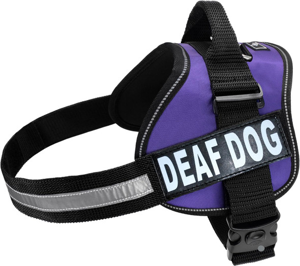 Doggie Stylz Dog Harness With Removable Patches And Reflective Trim. Dog Vest Comes With 2 Deaf Dog Reflective Hook And Loop Patches. Measure Dogs Girth Before Purchase (Girth 28 - 38 Purple)