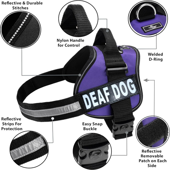 Doggie Stylz Dog Harness With Removable Patches And Reflective Trim. Dog Vest Comes With 2 Deaf Dog Reflective Hook And Loop Patches. Measure Dogs Girth Before Purchase (Girth 28 - 38 Purple)