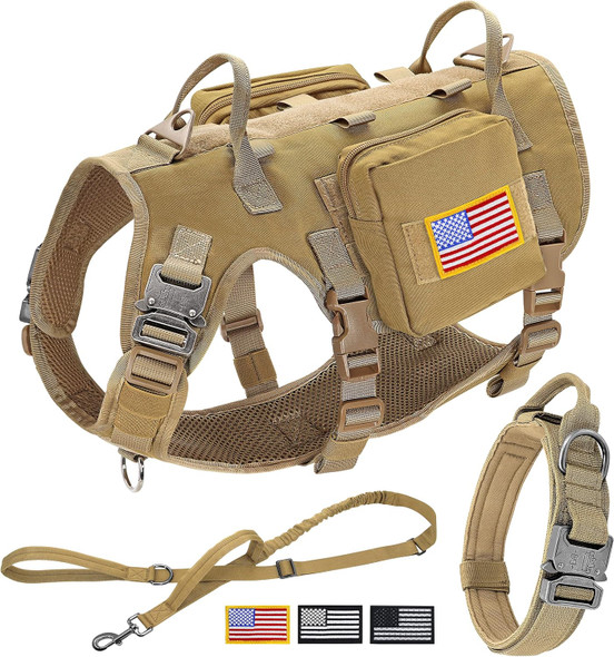 Forestpaw Tactical Dog Vest Harness And Easy Control Training Dog Collar With Bungee Dog Leash Set No Pull Military Dog Harness With Backpack For Medium Large Dogs-Coyote Brown M