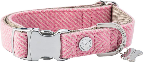 Hugo & Hudson Tweed Dog Collar Quick Release Metal Safety Buckle, Pink Herringbone, M