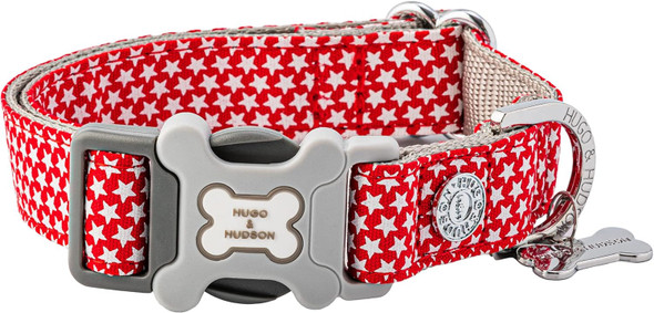 Hugo & Hudson Dog Collar, Adjustable Nylon Pet Collar With Safety Buckle, Red Star, L