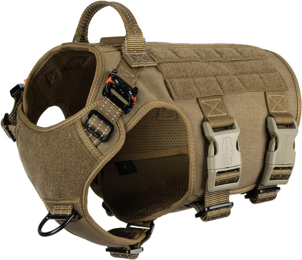Icefang Reflective Tactical Dog Harness With 6X Buckles For Medium Sized Dogs,Walking Training Work Dog Molle Vest With Handle,No Pulling Front Leash Clip (M :Chest:25-31, Brown)