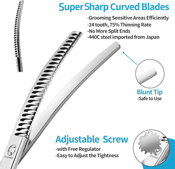 7.0 Downward Curved Thinning Shears For Dogs Japan Import 440C Stainless Steel Professional Dog Chunker Grooming Scissors Smooth Motion & Fine Cut For Groomers(Chunker)