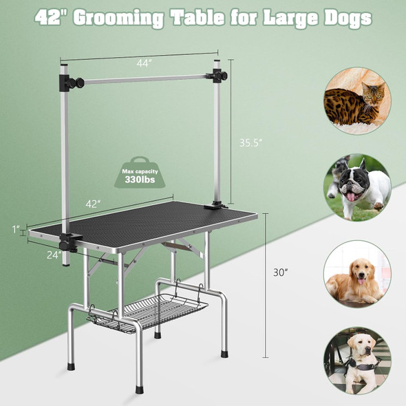 Dog Grooming Table, Adjustable Large Pet Drying Desktop, Foldable Bathing Desk With Arms, Noose, Mesh Tray, Maximum Capacity Up To 330Lb, 42Inch, Dark Black