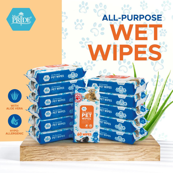 Med Pride Pet Wipes [12 Packs Of 60] For Dogs & Cats - Hypoallergenic Cleaning Deodorizing Dog Wipes With Aloe Vera - Alcohol And Paraben- Pet Wipes- Extra Soft Cat Bathing Wipes For Fur