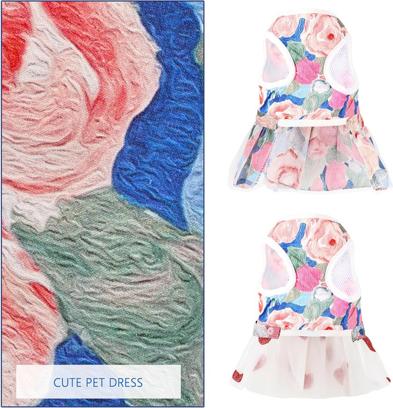 3-In-1 Dog Floral Harness With Bow Tie Harness Leash Set And 2 Detachable Hem For Small Medium Dogs Christmas Picnic Birthday Party (Rose Red,S)