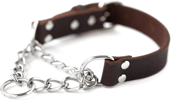 Mighty Paw Martingale Dog Collar - No Pull Design - Dog Collar For Pulling - Stainless Steel Training Collar - Limited Chain Cinch Training - Leather Collars For Dogs - Brown Dog Collar - Medium