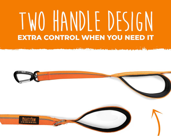 Mighty Paw Two Handle Dog Leash - Extra Control When You Need - Strong Climbers Carabiner - Super Soft Neoprene Padded Handles For Ultimate Comfort - Easy & Convenient - Reflective Stitching - Orange