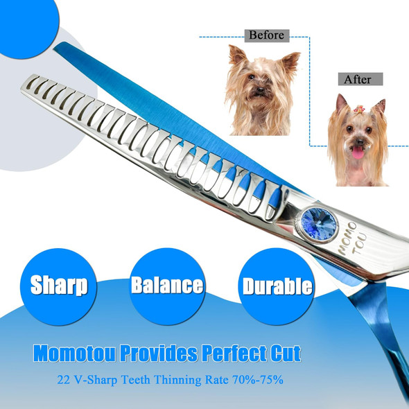 Blue & Silver Chunker Dog Grooming Scissors With Decorative Imitation Diamond Sharp And Durable 7.0'' 9Cr Stainless Steel Pet Cat Trimming Shears For Home User And Beginners