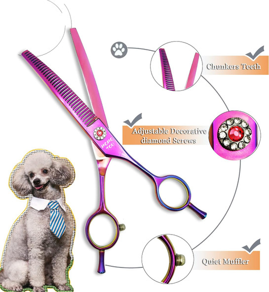 Dog Grooming Scissors 7'' Downward Curved Chunker Scissors Pet Grooming Curved Shears With Decorative Diamond Screws Japanese 440C Professional Texturizing Blending Shears For Dogs And Cats