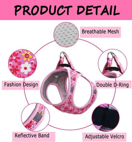 Moonpet Step In Air Dog Harness Leash Set- All Weather Reflective No-Pull Floral Pattern Padded Mesh Vest Harness For Cats Puppy Extra-Small Small Medium Large Dogs - Pink Flower - Xxs