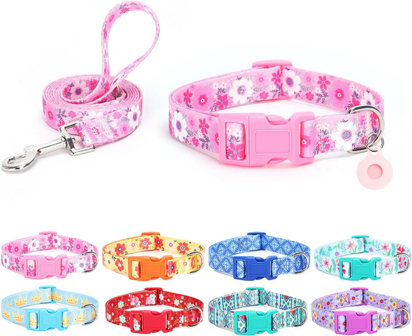 Moonpet Dog Collar With Leash & Airtag Holder Case Set, Breathable Adjustable Durable Dog Collars For Male Female Puppy X-Small Small Medium Large Dogs Walking Running Training-Pink Flower-M