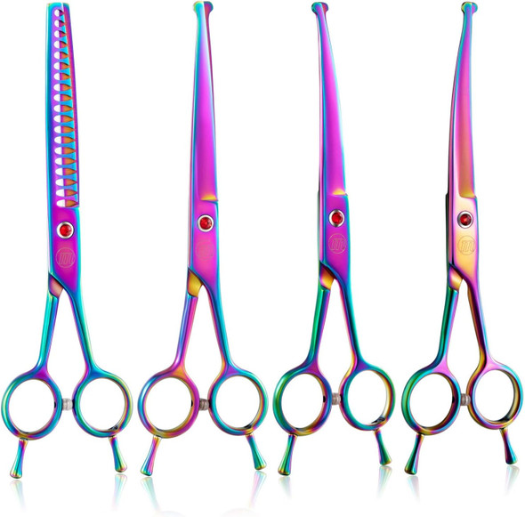 7 Dog Grooming Scissors Set, Reversible Trimming Thinning Chunkers, Curved, Straight Cat Pet Hair Cutting Shears With Safety Rounded Tip For Grooming Full Body, Professional Quality, Multi-Colored