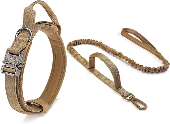 Tactical Dog Collar And Leash Set With Handle And Heavy Duty Metal Buckle For Medium Large Dogs, Adjustable Nylon Military Dog Collar With Handle For Dog Training(L Brown Set)