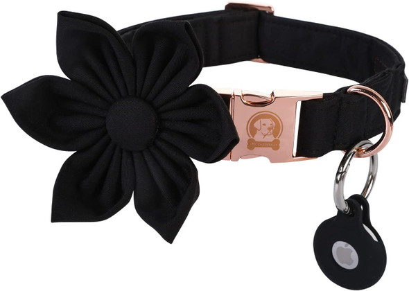 Solid Dog Collar With Flower,Girl Dog Collar With Airtag Holder,Pretty Collars For Male Female Dog, Fancy Dog Collars For Cute Dog, Spring Summer Dog Collars For Small Medium Large Dogs