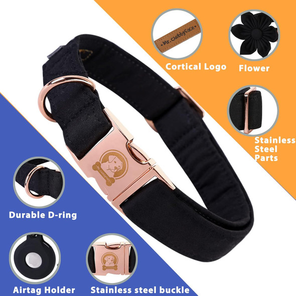 Solid Dog Collar With Flower,Girl Dog Collar With Airtag Holder,Pretty Collars For Male Female Dog, Fancy Dog Collars For Cute Dog, Spring Summer Dog Collars For Small Medium Large Dogs