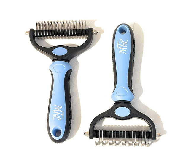 Undercoat Rake Dogs Cats Deshedding Brush Dematting Comb Double Sided Professional Skin Friendly Pet Grooming Brush - Extra Wide - No More Tangles Mats (2 Pack Of Blue)
