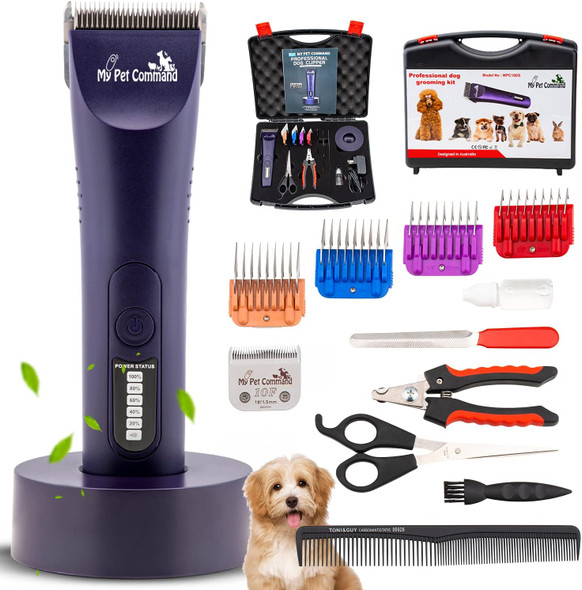 My Pet Command Professional Dog Grooming Clippers Thick Coats Cordless Heavy Duty Kit For Dogs Pets Cats Intelligent Low Noise Light Weight Brushless Motor Shearing Shaving Detachable Blades