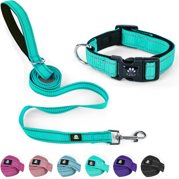 Nestroad Reflective Dog Collar And Leash Set,Soft Neoprene Pet Collar With Quick Release Buckle,Adjustable Nylon Dog Collars For Small Medium Large Dogs(Medium Collar + 5Ft Leash,Teal)